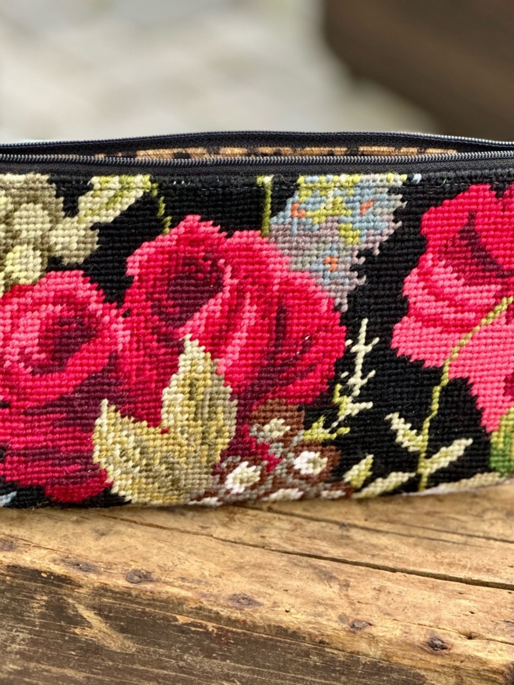 Vintage Needlepoint Rose Zip Pouch Clever Carriage Co Leopard Lined